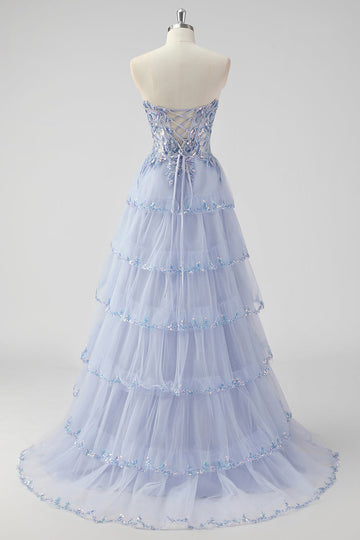 Lavanda una linea senza spalline paillettes corsetto Tiered Prom Dress con fessura